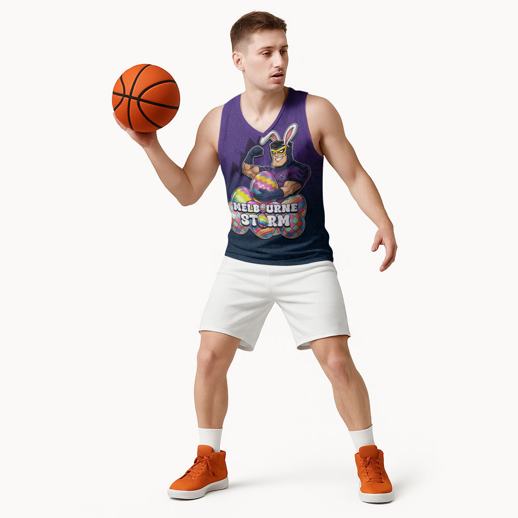 Personalized Melbourne Storm Basketball Jersey Easter Mascot - Colorful Eggs Cartoon Style