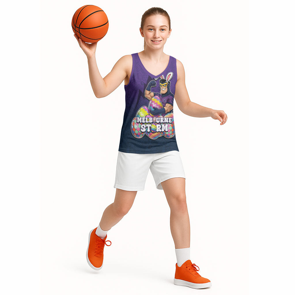 Personalized Melbourne Storm Basketball Jersey Easter Mascot - Colorful Eggs Cartoon Style