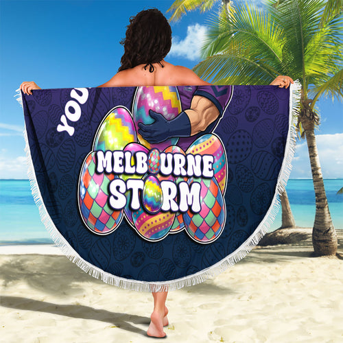 Personalized Melbourne Storm Beach Blanket Easter Mascot - Colorful Eggs Cartoon Style