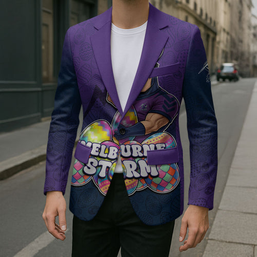 Personalized Melbourne Storm Blazer Easter Mascot - Colorful Eggs Cartoon Style