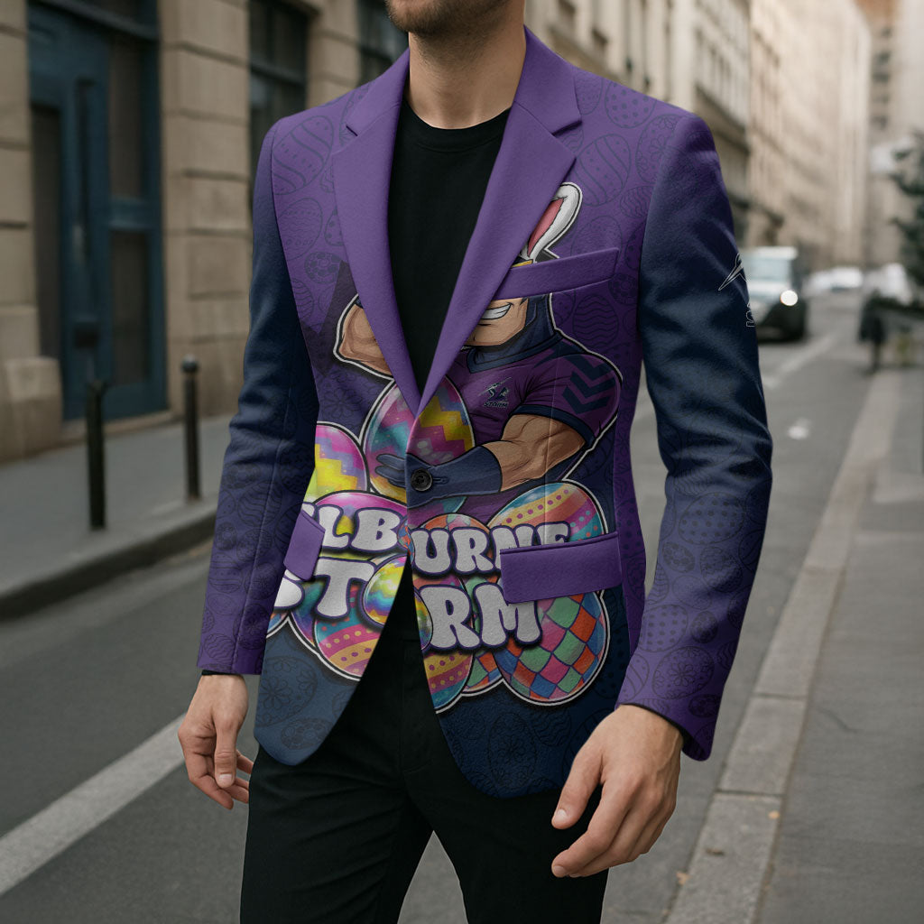 Personalized Melbourne Storm Blazer Easter Mascot - Colorful Eggs Cartoon Style
