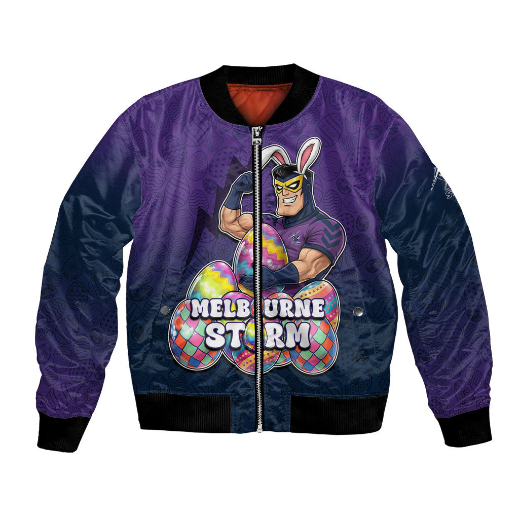 Personalized Melbourne Storm Bomber Jacket Easter Mascot - Colorful Eggs Cartoon Style