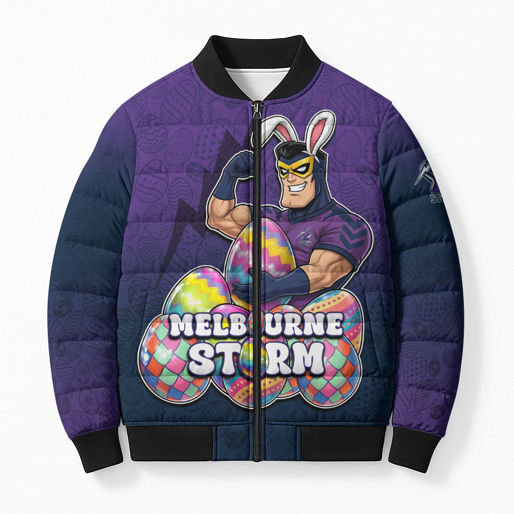 Personalized Melbourne Storm Bomber Puffer Jacket Easter Mascot - Colorful Eggs Cartoon Style