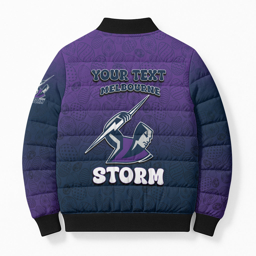 Personalized Melbourne Storm Bomber Puffer Jacket Easter Mascot - Colorful Eggs Cartoon Style
