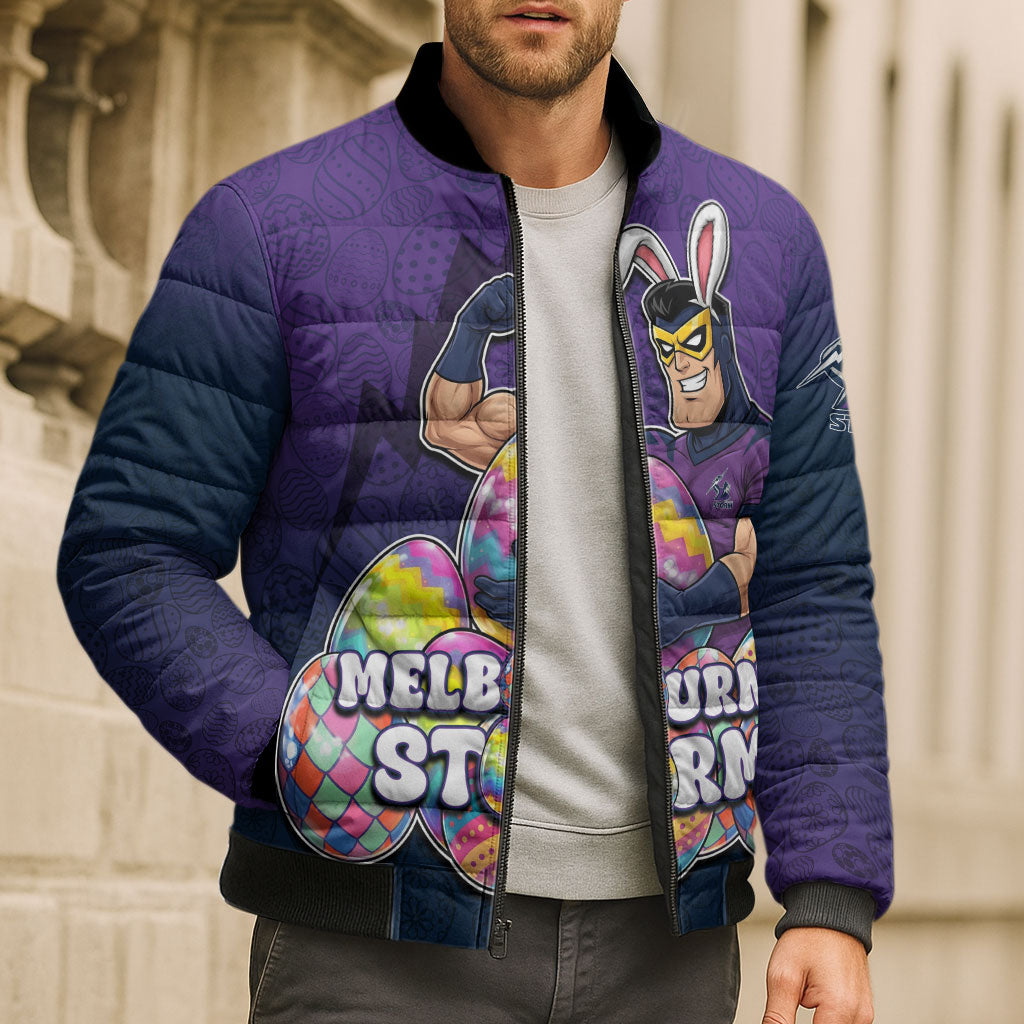 Personalized Melbourne Storm Bomber Puffer Jacket Easter Mascot - Colorful Eggs Cartoon Style