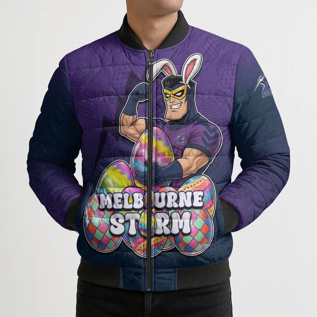 Personalized Melbourne Storm Bomber Puffer Jacket Easter Mascot - Colorful Eggs Cartoon Style