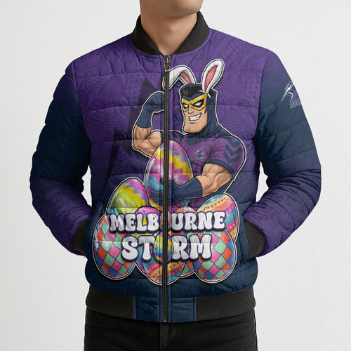 Personalized Melbourne Storm Bomber Puffer Jacket Easter Mascot - Colorful Eggs Cartoon Style