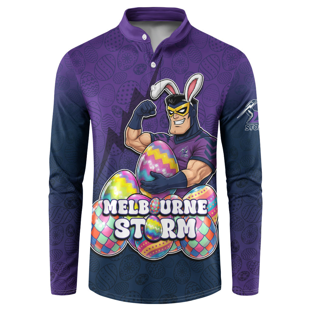 Personalized Melbourne Storm Button Sweatshirt Easter Mascot - Colorful Eggs Cartoon Style