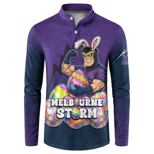 Personalized Melbourne Storm Button Sweatshirt Easter Mascot - Colorful Eggs Cartoon Style
