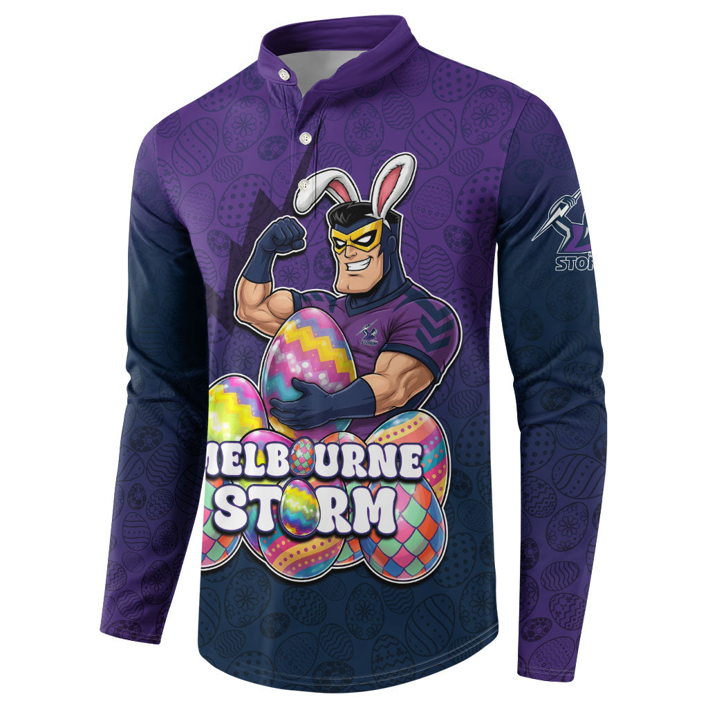 Personalized Melbourne Storm Button Sweatshirt Easter Mascot - Colorful Eggs Cartoon Style