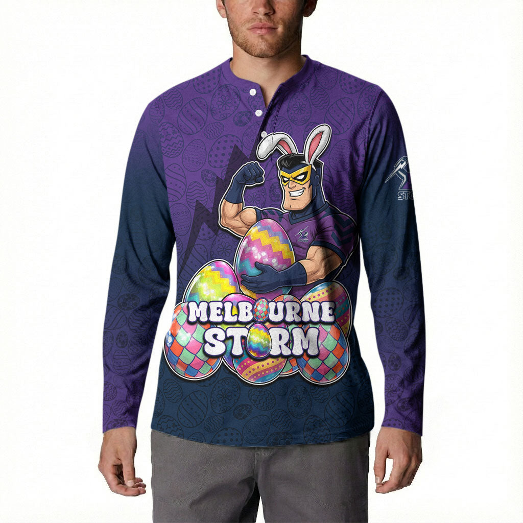 Personalized Melbourne Storm Button Sweatshirt Easter Mascot - Colorful Eggs Cartoon Style