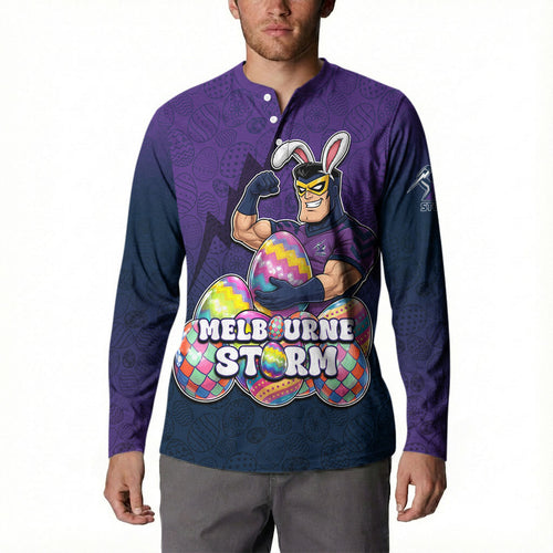 Personalized Melbourne Storm Button Sweatshirt Easter Mascot - Colorful Eggs Cartoon Style