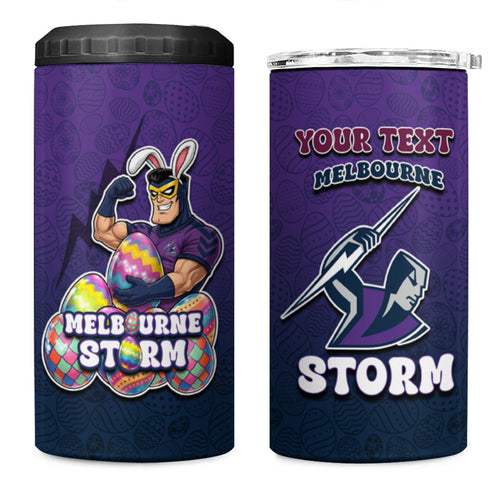 Personalized Melbourne Storm 4 in 1 Can Cooler Tumbler Easter Mascot - Colorful Eggs Cartoon Style