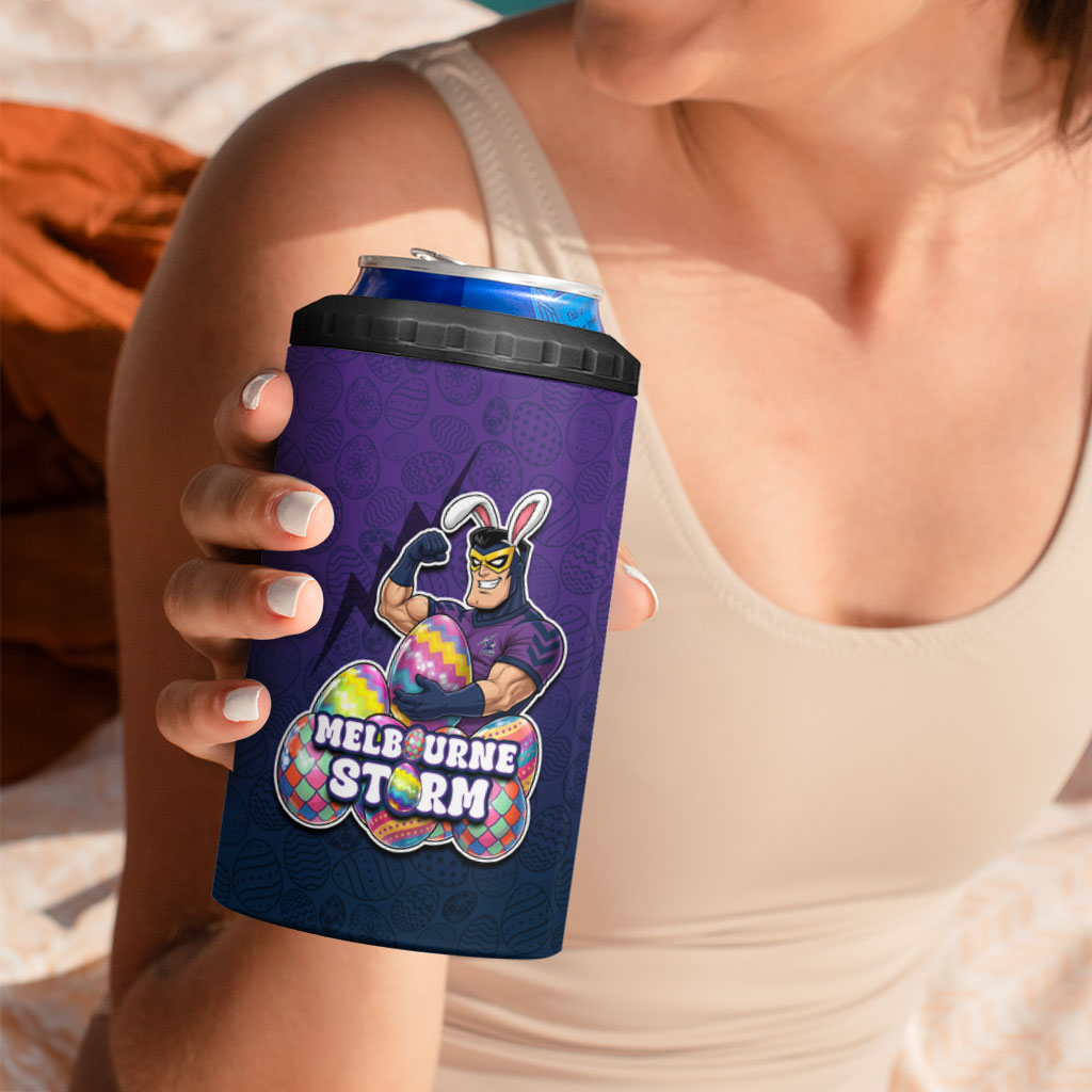 Personalized Melbourne Storm 4 in 1 Can Cooler Tumbler Easter Mascot - Colorful Eggs Cartoon Style