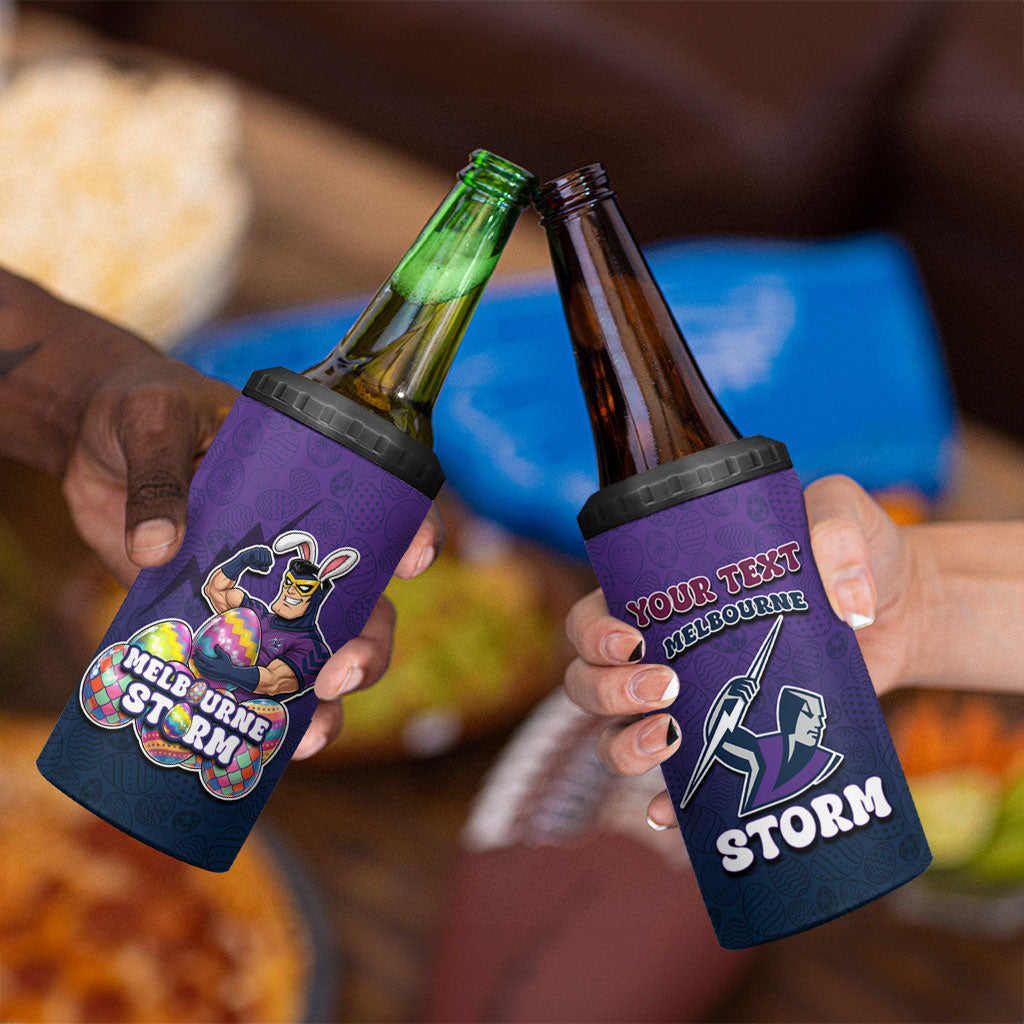Personalized Melbourne Storm 4 in 1 Can Cooler Tumbler Easter Mascot - Colorful Eggs Cartoon Style