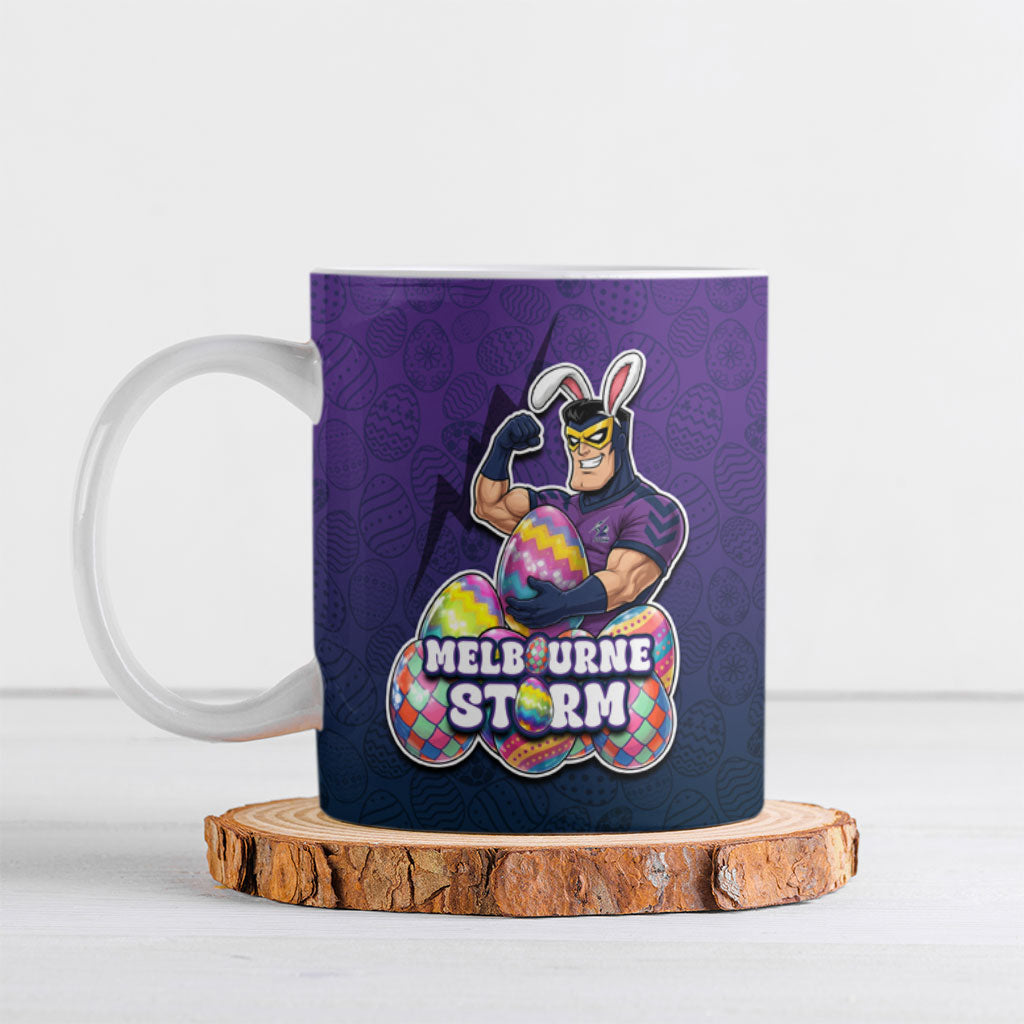 Personalized Melbourne Storm Ceramic Mug Easter Mascot - Colorful Eggs Cartoon Style