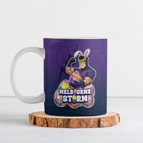 Personalized Melbourne Storm Ceramic Mug Easter Mascot - Colorful Eggs Cartoon Style