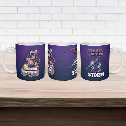 Personalized Melbourne Storm Ceramic Mug Easter Mascot - Colorful Eggs Cartoon Style