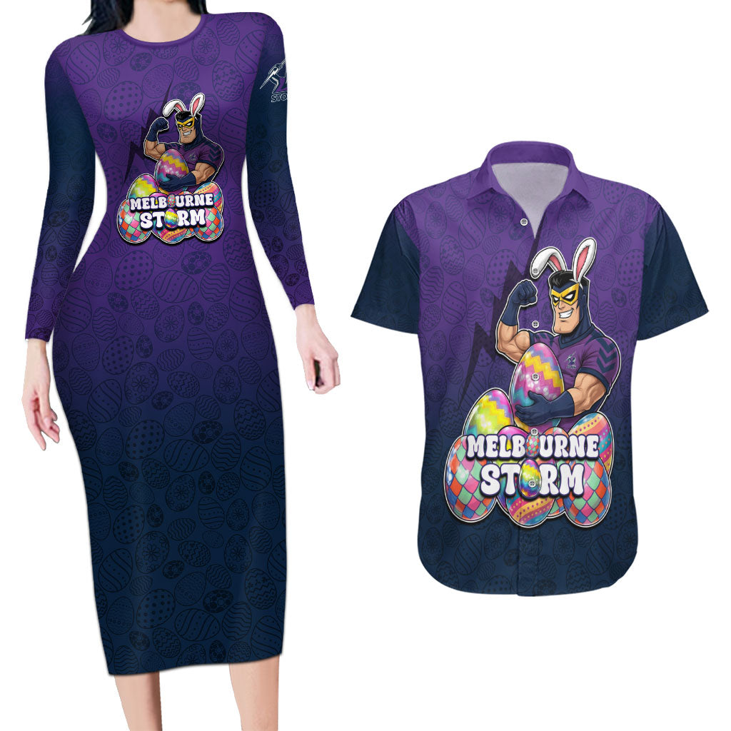 Personalized Melbourne Storm Couples Matching Long Sleeve Bodycon Dress and Hawaiian Shirt Easter Mascot - Colorful Eggs Cartoon Style