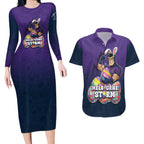 Personalized Melbourne Storm Couples Matching Long Sleeve Bodycon Dress and Hawaiian Shirt Easter Mascot - Colorful Eggs Cartoon Style