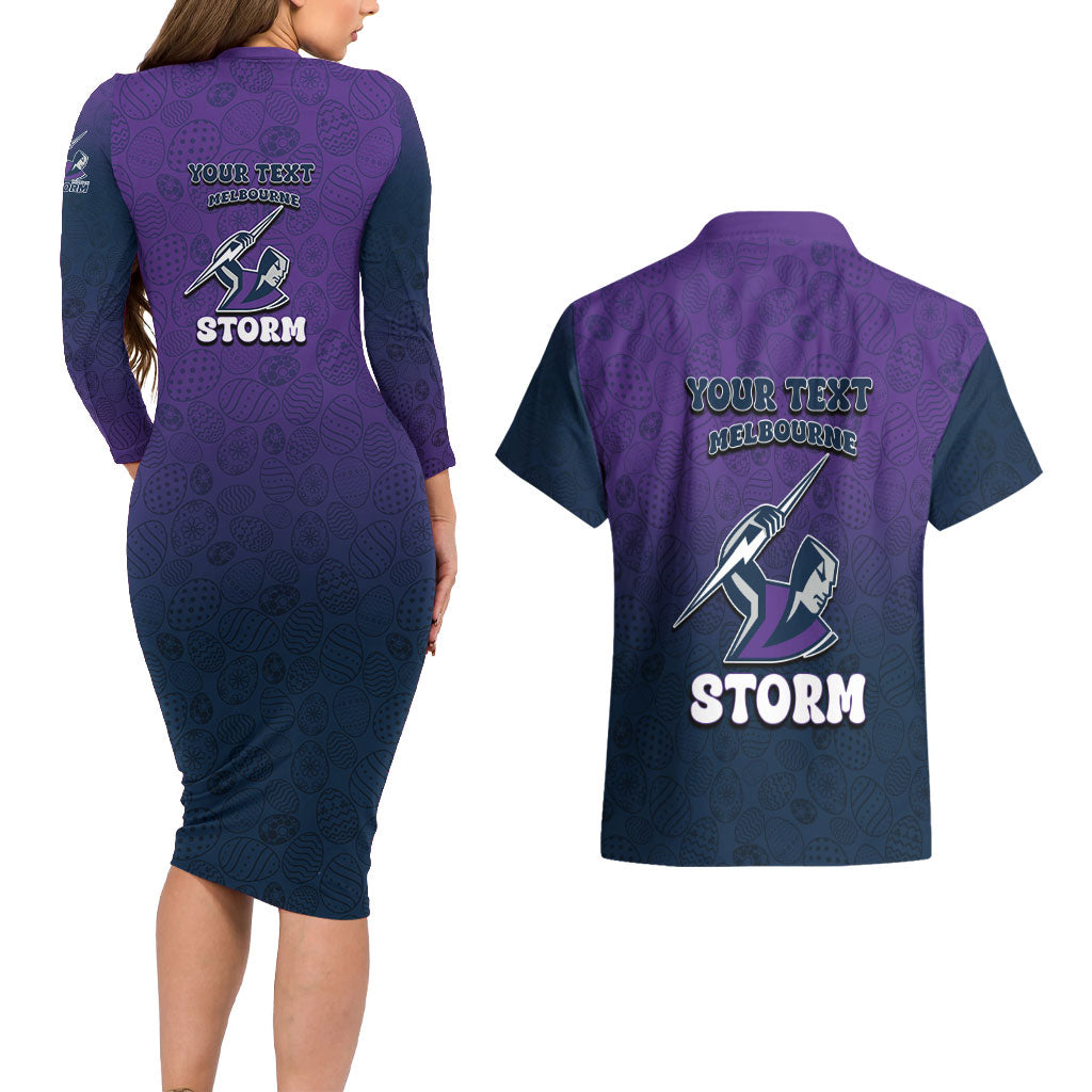 Personalized Melbourne Storm Couples Matching Long Sleeve Bodycon Dress and Hawaiian Shirt Easter Mascot - Colorful Eggs Cartoon Style