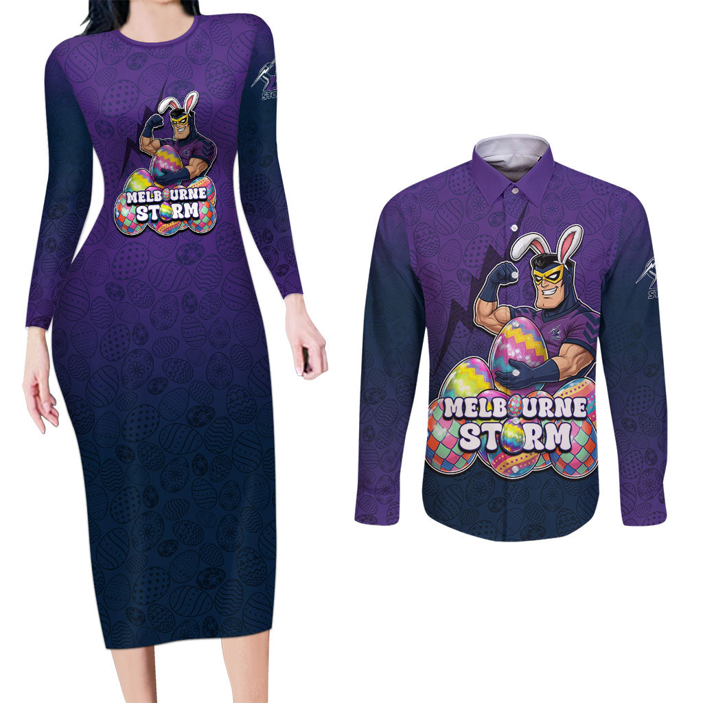 Personalized Melbourne Storm Couples Matching Long Sleeve Bodycon Dress and Long Sleeve Button Shirt Easter Mascot - Colorful Eggs Cartoon Style