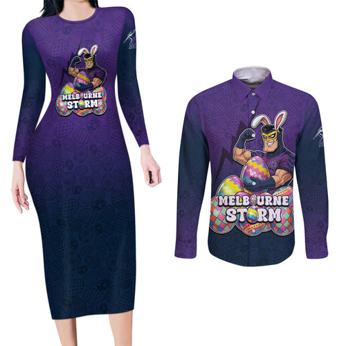 Personalized Melbourne Storm Couples Matching Long Sleeve Bodycon Dress and Long Sleeve Button Shirt Easter Mascot - Colorful Eggs Cartoon Style