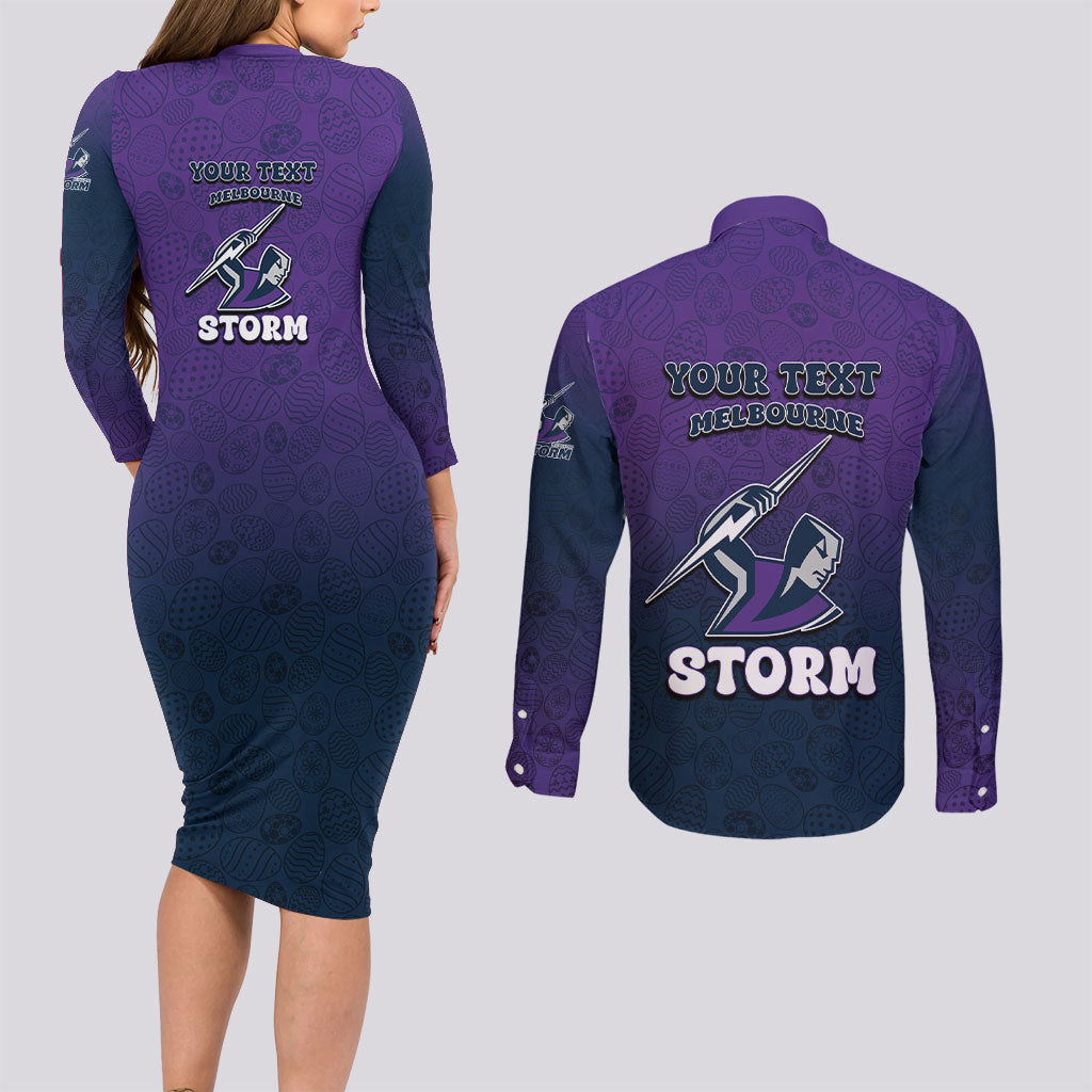 Personalized Melbourne Storm Couples Matching Long Sleeve Bodycon Dress and Long Sleeve Button Shirt Easter Mascot - Colorful Eggs Cartoon Style
