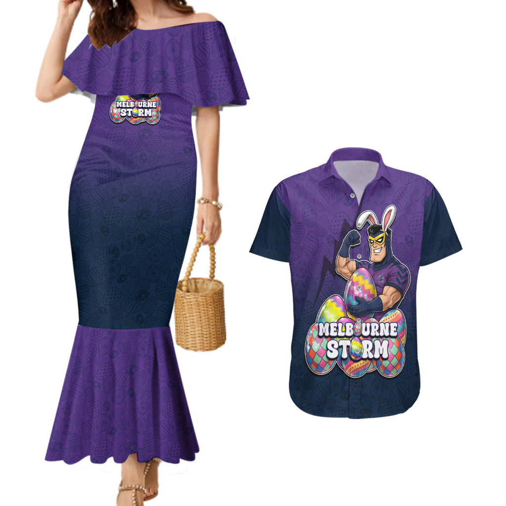 Personalized Melbourne Storm Couples Matching Mermaid Dress and Hawaiian Shirt Easter Mascot - Colorful Eggs Cartoon Style