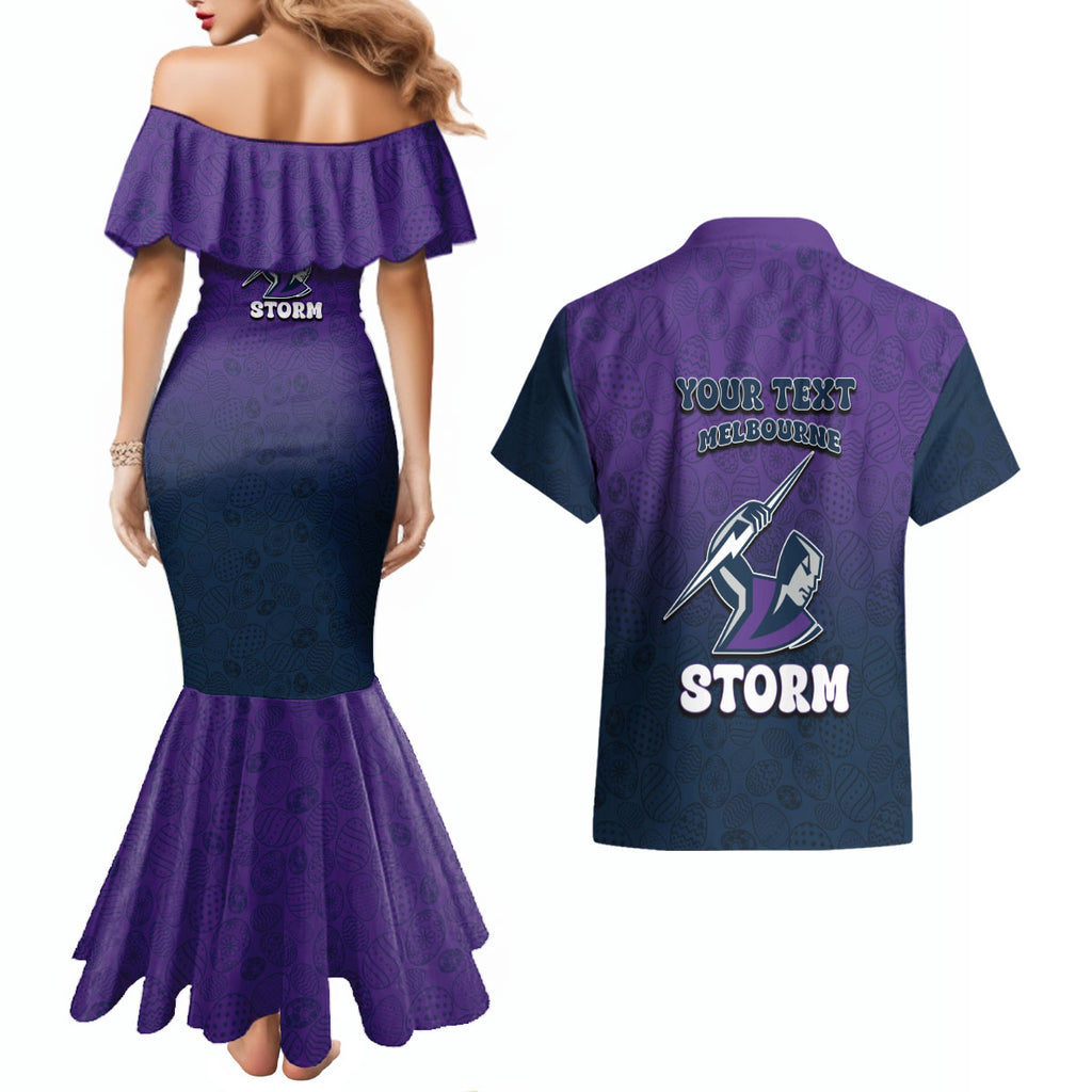 Personalized Melbourne Storm Couples Matching Mermaid Dress and Hawaiian Shirt Easter Mascot - Colorful Eggs Cartoon Style