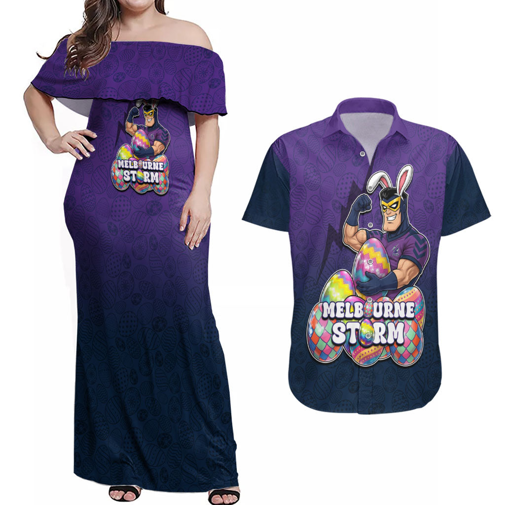 Personalized Melbourne Storm Couples Matching Off Shoulder Maxi Dress and Hawaiian Shirt Easter Mascot - Colorful Eggs Cartoon Style