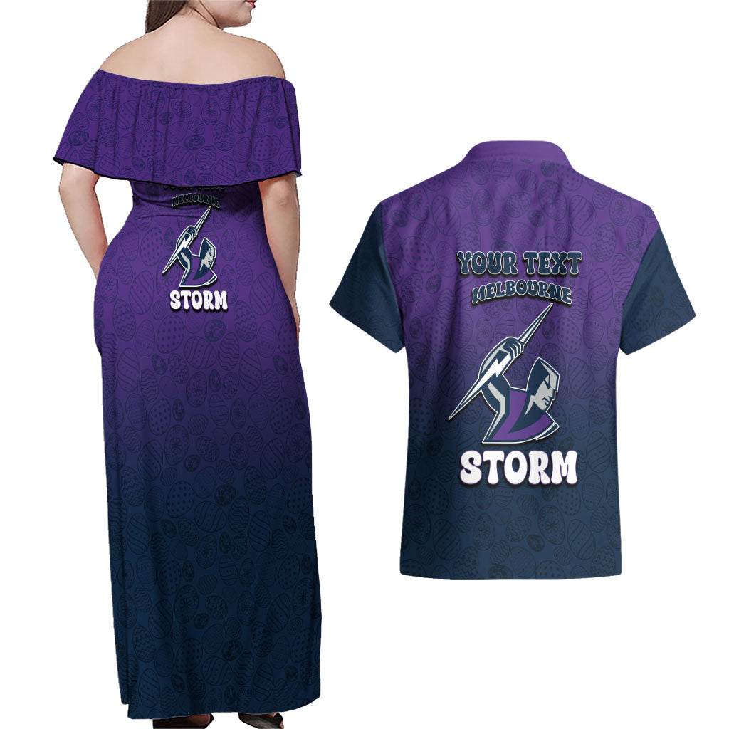 Personalized Melbourne Storm Couples Matching Off Shoulder Maxi Dress and Hawaiian Shirt Easter Mascot - Colorful Eggs Cartoon Style