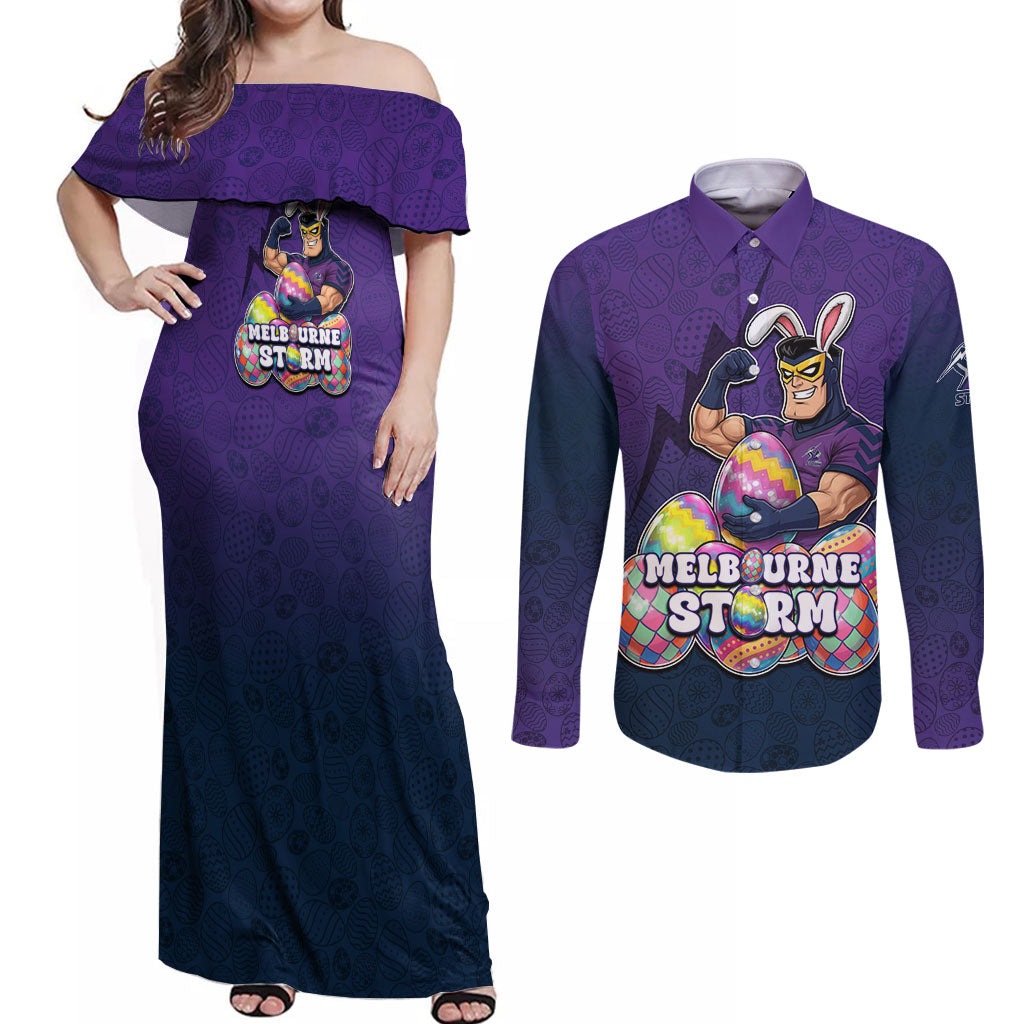 Personalized Melbourne Storm Couples Matching Off Shoulder Maxi Dress and Long Sleeve Button Shirt Easter Mascot - Colorful Eggs Cartoon Style