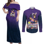 Personalized Melbourne Storm Couples Matching Off Shoulder Maxi Dress and Long Sleeve Button Shirt Easter Mascot - Colorful Eggs Cartoon Style
