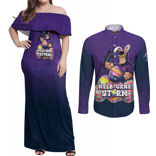 Personalized Melbourne Storm Couples Matching Off Shoulder Maxi Dress and Long Sleeve Button Shirt Easter Mascot - Colorful Eggs Cartoon Style