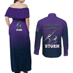 Personalized Melbourne Storm Couples Matching Off Shoulder Maxi Dress and Long Sleeve Button Shirt Easter Mascot - Colorful Eggs Cartoon Style