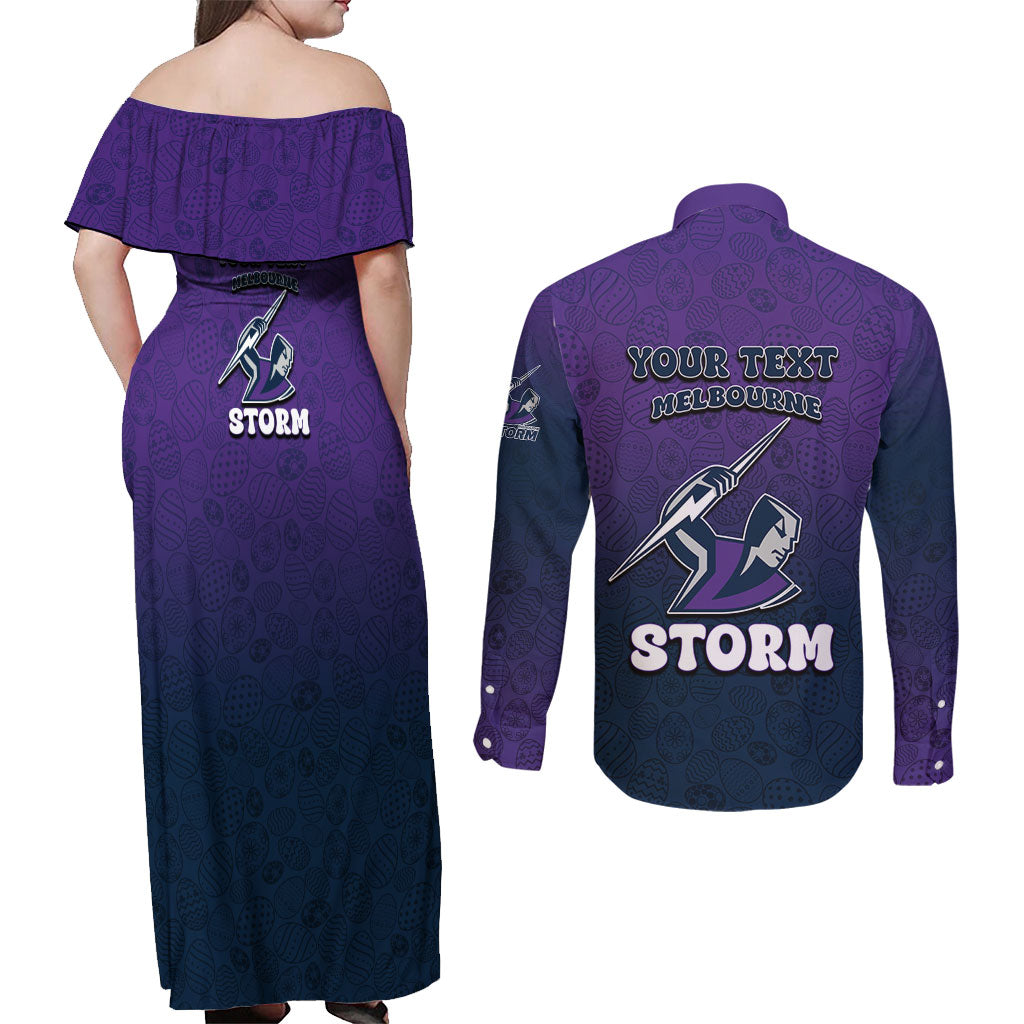 Personalized Melbourne Storm Couples Matching Off Shoulder Maxi Dress and Long Sleeve Button Shirt Easter Mascot - Colorful Eggs Cartoon Style