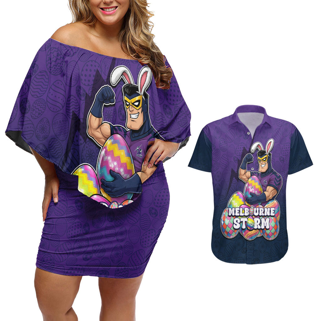 Personalized Melbourne Storm Couples Matching Off Shoulder Short Dress and Hawaiian Shirt Easter Mascot - Colorful Eggs Cartoon Style