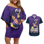 Personalized Melbourne Storm Couples Matching Off Shoulder Short Dress and Hawaiian Shirt Easter Mascot - Colorful Eggs Cartoon Style