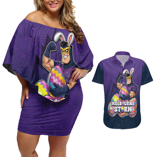 Personalized Melbourne Storm Couples Matching Off Shoulder Short Dress and Hawaiian Shirt Easter Mascot - Colorful Eggs Cartoon Style