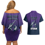 Personalized Melbourne Storm Couples Matching Off Shoulder Short Dress and Hawaiian Shirt Easter Mascot - Colorful Eggs Cartoon Style