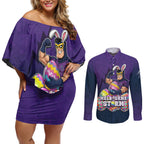 Personalized Melbourne Storm Couples Matching Off Shoulder Short Dress and Long Sleeve Button Shirt Easter Mascot - Colorful Eggs Cartoon Style