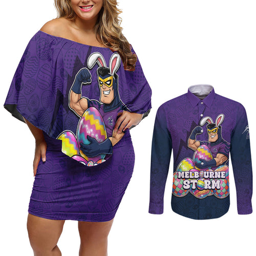 Personalized Melbourne Storm Couples Matching Off Shoulder Short Dress and Long Sleeve Button Shirt Easter Mascot - Colorful Eggs Cartoon Style