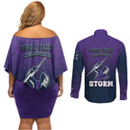 Personalized Melbourne Storm Couples Matching Off Shoulder Short Dress and Long Sleeve Button Shirt Easter Mascot - Colorful Eggs Cartoon Style