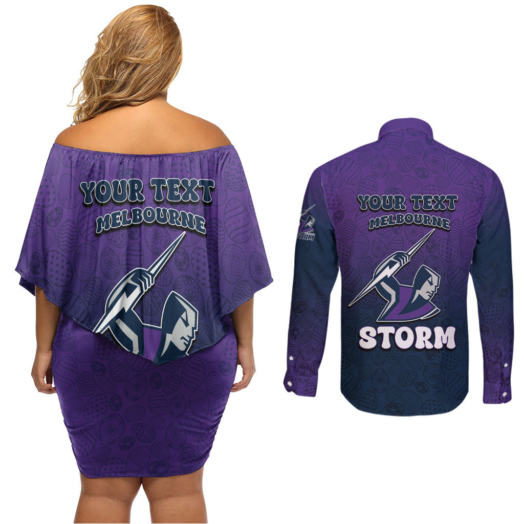 Personalized Melbourne Storm Couples Matching Off Shoulder Short Dress and Long Sleeve Button Shirt Easter Mascot - Colorful Eggs Cartoon Style