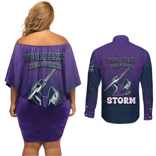 Personalized Melbourne Storm Couples Matching Off Shoulder Short Dress and Long Sleeve Button Shirt Easter Mascot - Colorful Eggs Cartoon Style