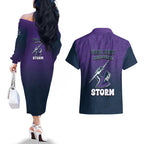Personalized Melbourne Storm Couples Matching Off The Shoulder Long Sleeve Dress and Hawaiian Shirt Easter Mascot - Colorful Eggs Cartoon Style