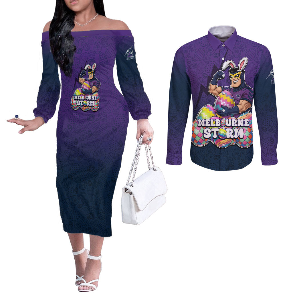 Personalized Melbourne Storm Couples Matching Off The Shoulder Long Sleeve Dress and Long Sleeve Button Shirt Easter Mascot - Colorful Eggs Cartoon Style