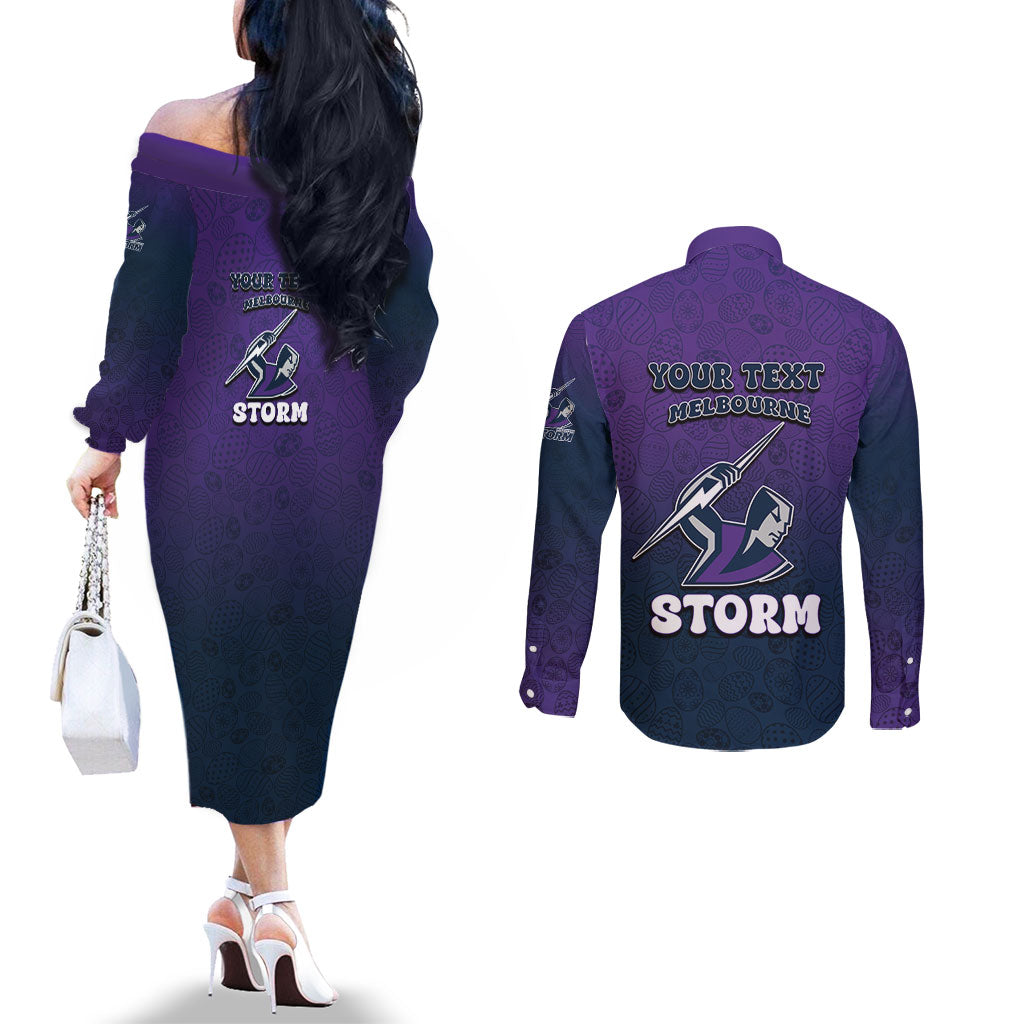 Personalized Melbourne Storm Couples Matching Off The Shoulder Long Sleeve Dress and Long Sleeve Button Shirt Easter Mascot - Colorful Eggs Cartoon Style