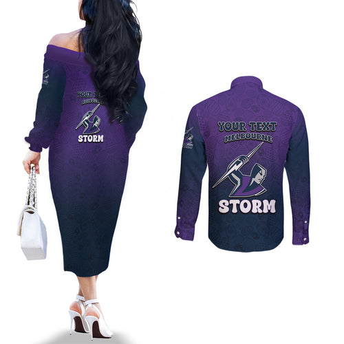 Personalized Melbourne Storm Couples Matching Off The Shoulder Long Sleeve Dress and Long Sleeve Button Shirt Easter Mascot - Colorful Eggs Cartoon Style